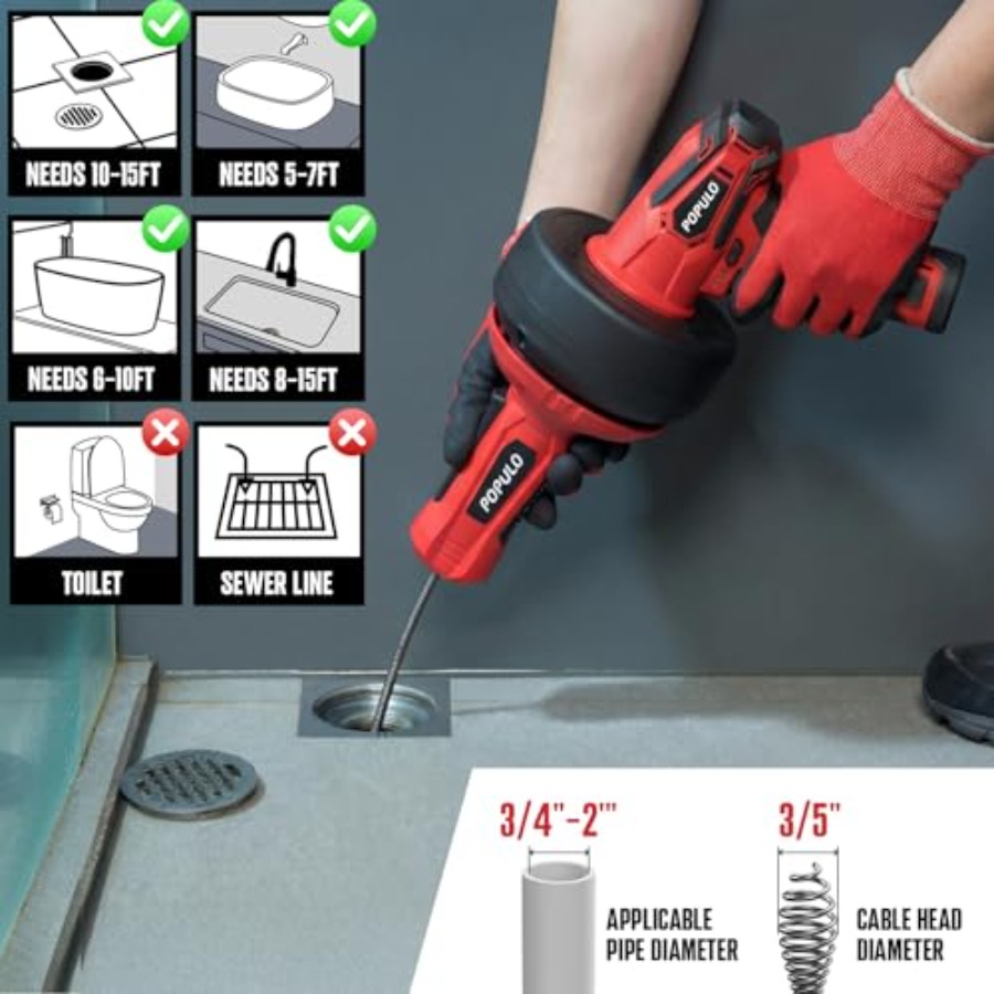 POPULO 12V Cordless Electric D - đánh giá và giá Plumbing Snake Drain